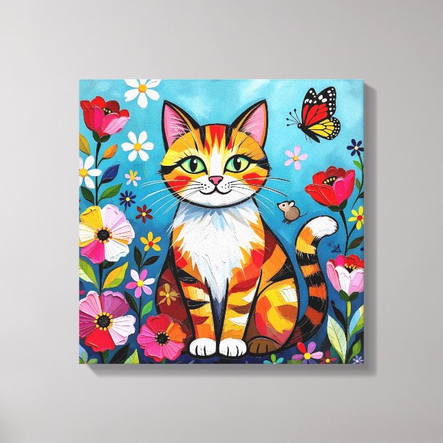 Impasto Cat, Flowers & Butterfly Canvas Print (Front)