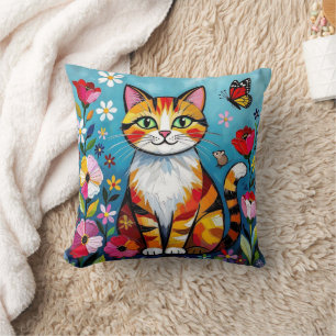 Impasto Cat, Flowers & Butterfly Cushion