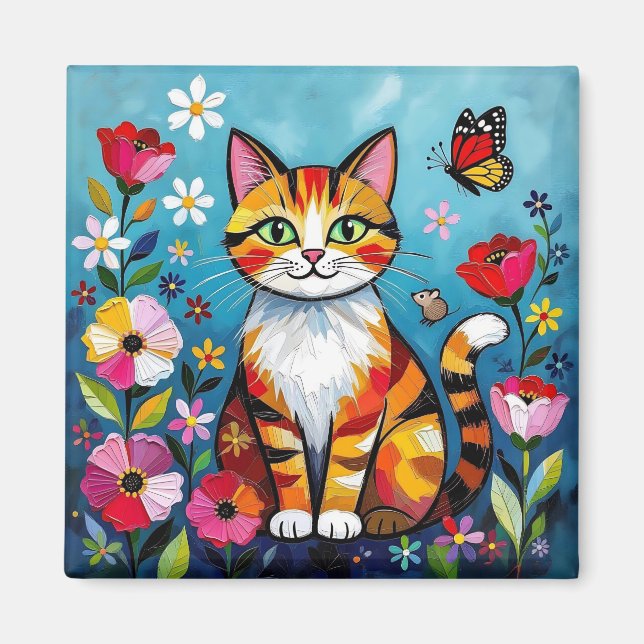 Impasto Cat, Flowers & Butterfly Magnet (Front)
