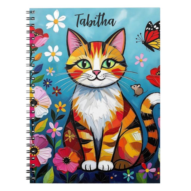 Impasto Cat, Flowers & Butterfly Personalized Notebook (Front)