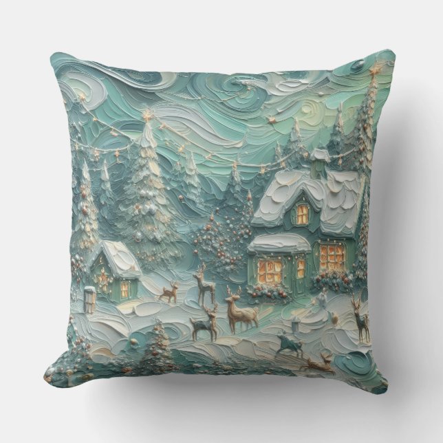 Impasto Christmas Motif Holiday Whimsy Green Cushion (Front)