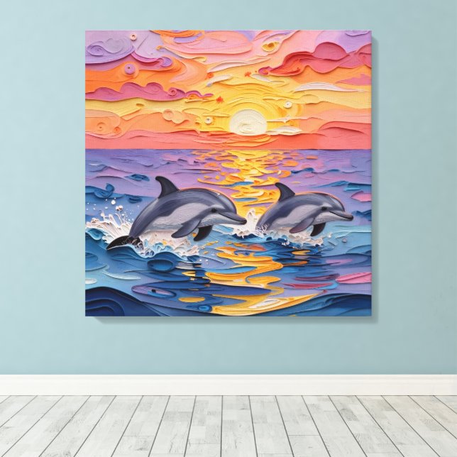 Impasto Dolphins and Ocean Waves   Canvas Print (Insitu(Wood Floor))