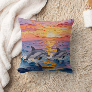 Impasto Dolphins and Ocean Waves Cushion
