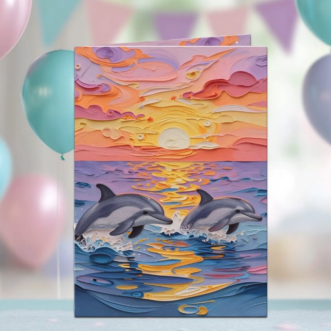 Impasto Dolphins and Ocean Waves | Happy Birthday Card (Creator Uploaded)