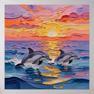 Impasto Dolphins and Ocean Waves Poster