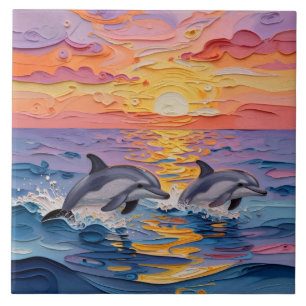 Impasto Dolphins and Ocean Waves   Tile