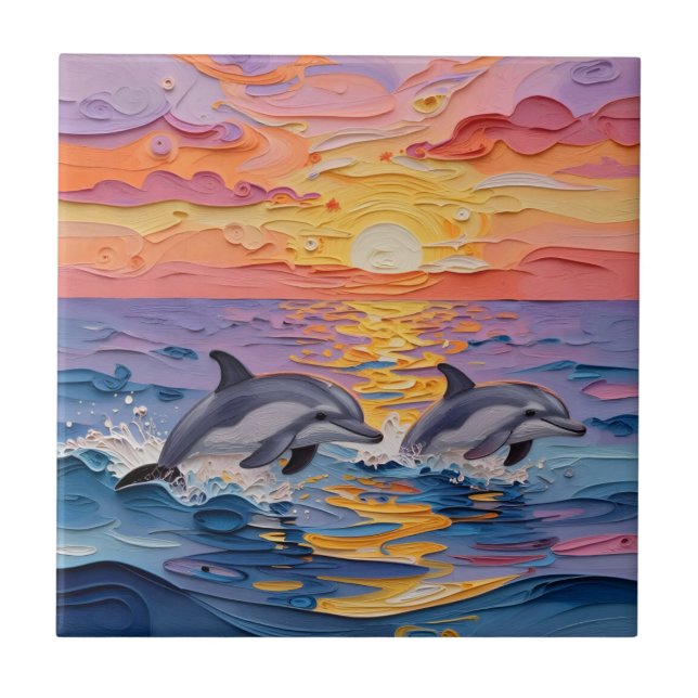 Impasto Dolphins and Ocean Waves   Tile (Front)