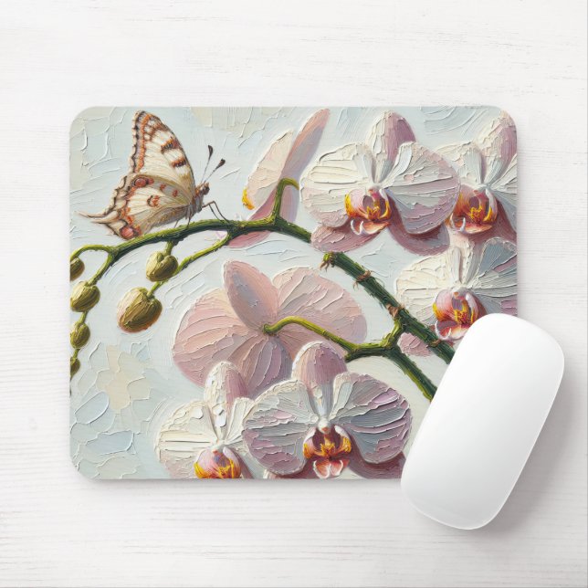 Impasto Paint Butterfly and Orchids Mouse Mat (With Mouse)