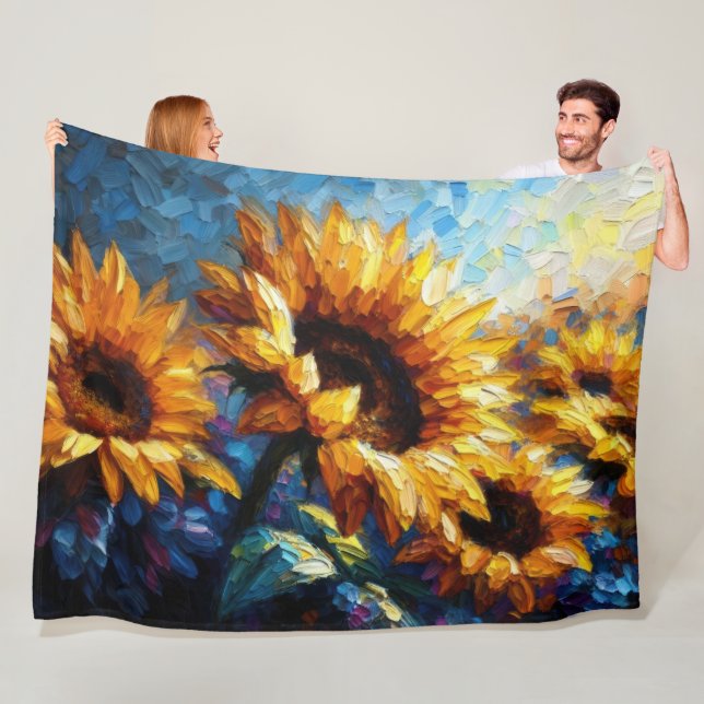 Impasto Painting of Sunflowers Blue Fleece Blanket (In Situ)