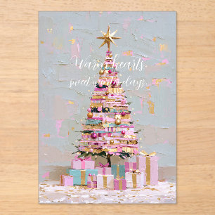 Impasto Pink and Gold Christmas Tree Acrylic Invitations