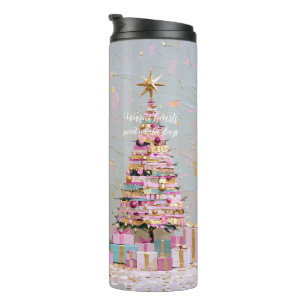 Impasto Pink and Gold Christmas Tree Thermal Tumbler