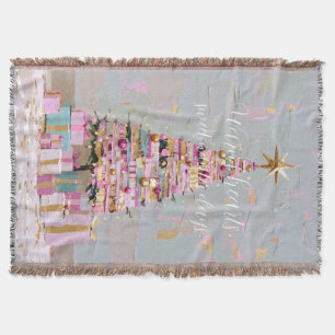 Impasto Pink and Gold Christmas Tree Throw Blanket