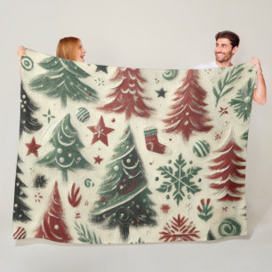 Impasto Red and Green Christmas Motifs Collage Fleece Blanket
