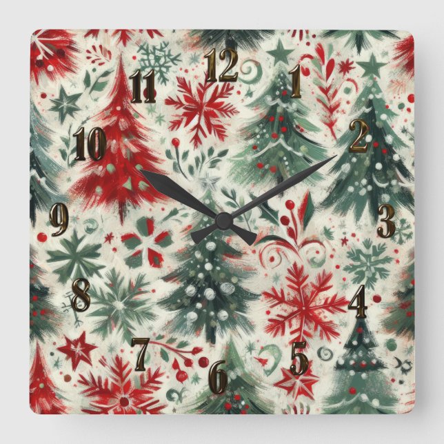 Impasto Red and Green Christmas Motifs Collage Square Wall Clock (Front)