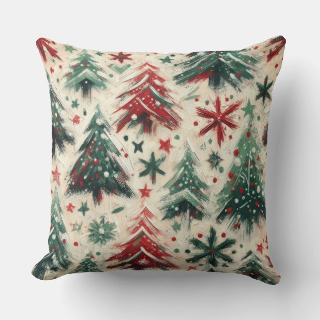 Impasto Red and Green Christmas Trees Collage Cushion (Front)