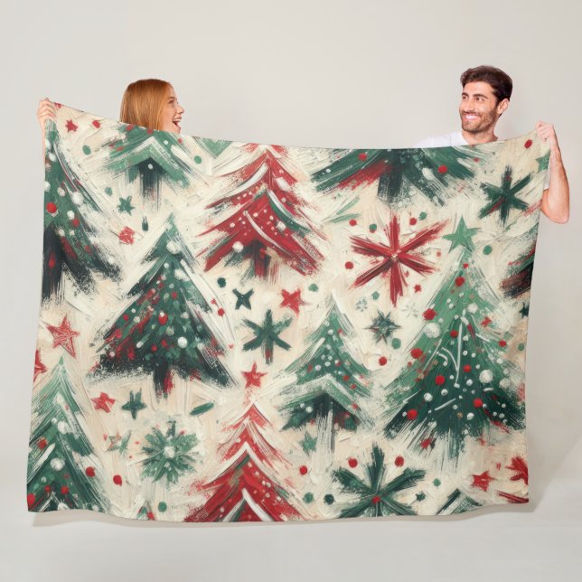 Impasto Red and Green Christmas Trees Collage Fleece Blanket (In Situ)