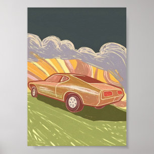 Impasto Retro Muscle Car Swirling Road Sunset Art Poster