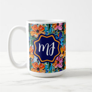 Impasto Style Flowers in a Colorful Monogrammed Coffee Mug