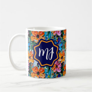 Impasto Style Flowers in a Colourful Monogrammed Coffee Mug