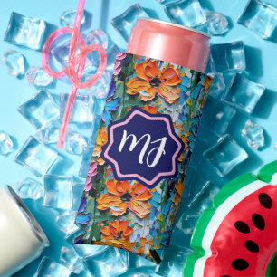 Impasto Style Flowers in a Colourful Monogrammed Seltzer Can Cooler