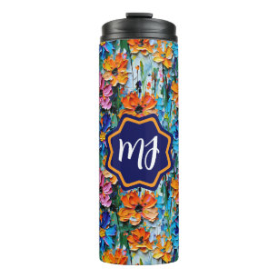 Impasto Style Flowers in a Colourful Monogrammed Thermal Tumbler