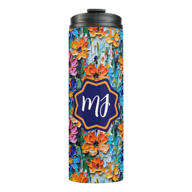 Impasto Style Flowers in a Colourful Monogrammed Thermal Tumbler (Front)