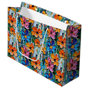 Impasto Style Flowers in a Colourful Pattern Large Gift Bag