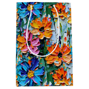 Impasto Style Flowers in a Colourful Pattern Medium Gift Bag
