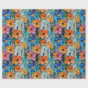 Impasto Style Flowers in a Colourful Pattern Wrapping Paper