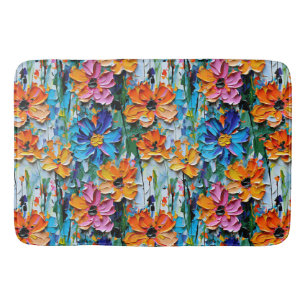 Impasto Style Oil Flowers in a Colourful Pattern Bath Mat