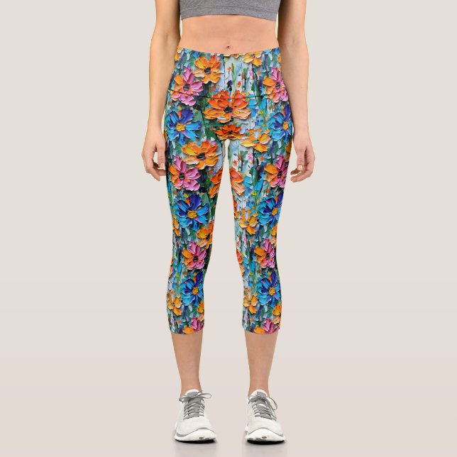 Impasto Style Oil Flowers in a Colourful Pattern Capri Leggings (Front)