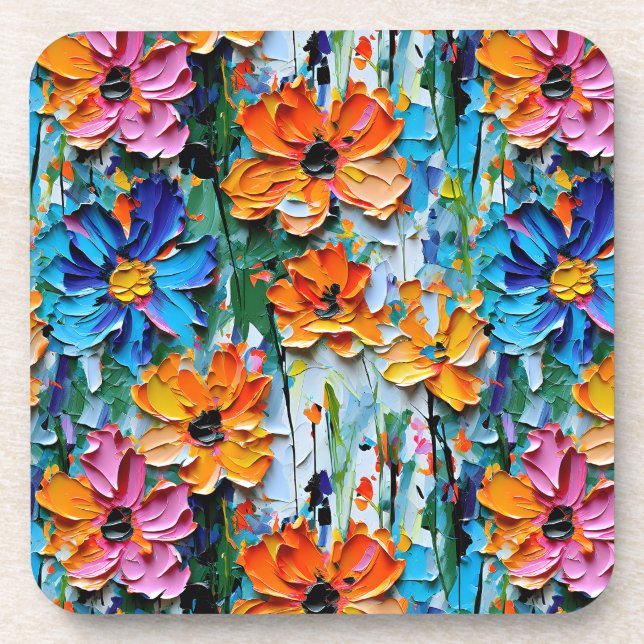 Impasto Style Oil Flowers in a Colourful Pattern Coaster (Front)