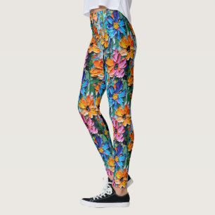 Impasto Style Oil Flowers in a Colourful Pattern Leggings