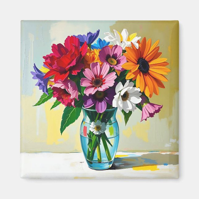 Impasto Style Vase of Colourful Flowers Magnet (Front)