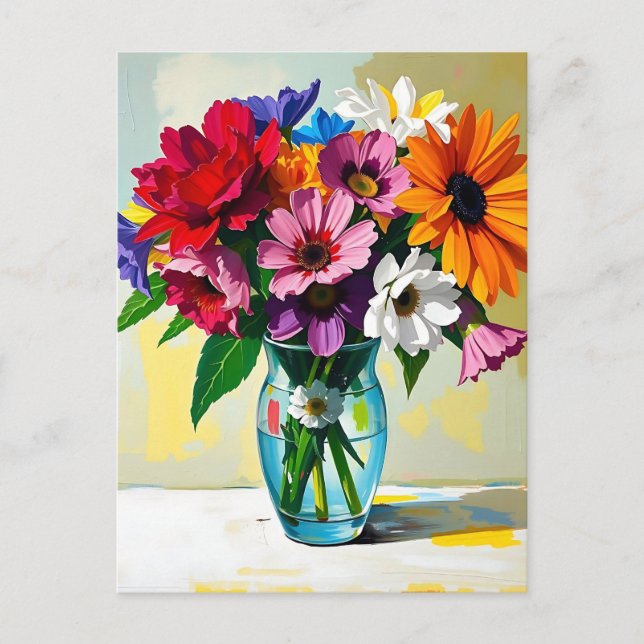 Impasto Style Vase of Colourful Flowers Postcard (Front)