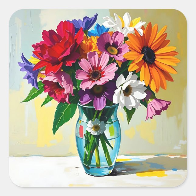 Impasto Style Vase of Colourful Flowers Square Sticker (Front)