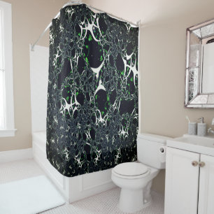 Imperfect white fractal on black space, knitted shower curtain
