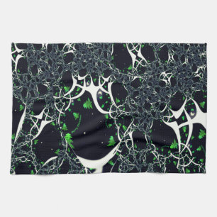 Imperfect white fractal on black space, knitted tea towel