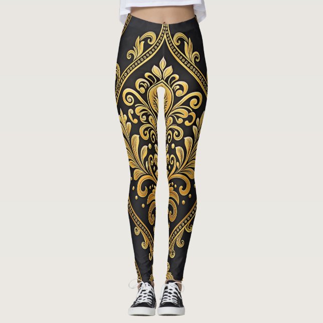 Imperial Majesty Seamless Pattern – Gold and Black Leggings (Front)