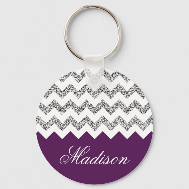 Imperial Purple Silvery Glitter Chevron Pattern Key Ring (Front)