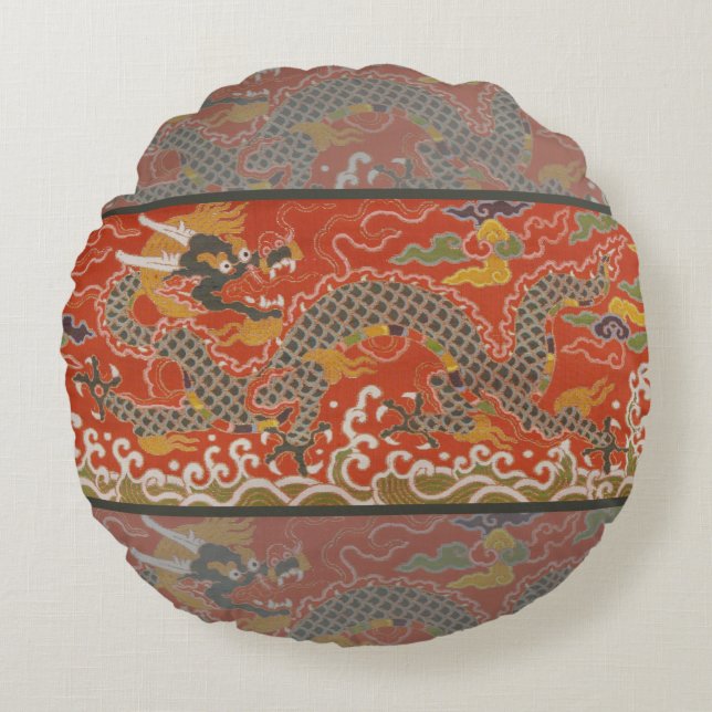 Imperial Red & Black Dragon Silk Pattern Round Cushion (Front)