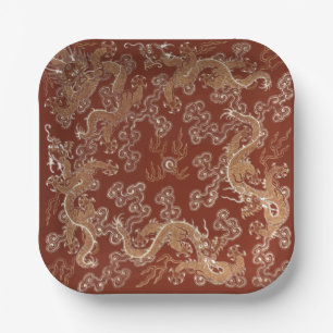 Imperial Red & Gold Dragon Silk Art Paper Plate