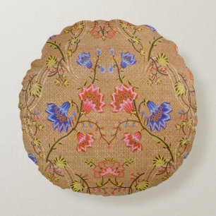 Imperial Red & Gold Interlocking Floral Silk Art Round Cushion