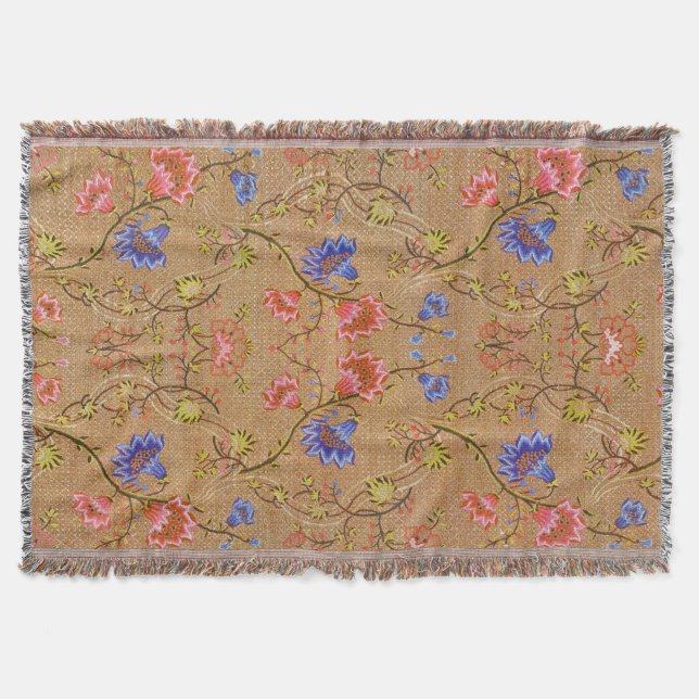 Imperial Red & Gold Interlocking Floral Silk Art Throw Blanket (Front)