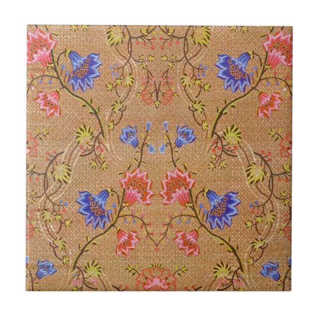 Imperial Red & Gold Interlocking Floral Silk Art Tile (Front)