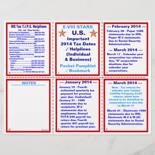 Important 2014 Tax Dates / Helplines Pamphlet Flyer (Front)