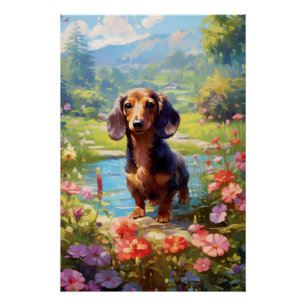 Impressionism Dachshund Exploring A Meadow Poster