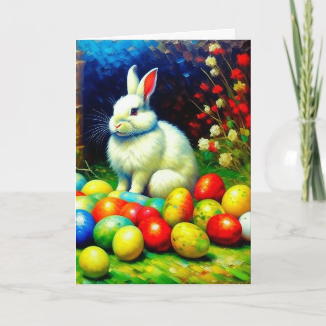 Impressionism Easter Bunny with Eggs Holiday Card (Front)