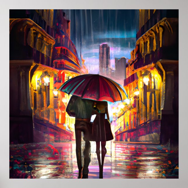 Impressionism France a couple walking in the rain Poster (Front)