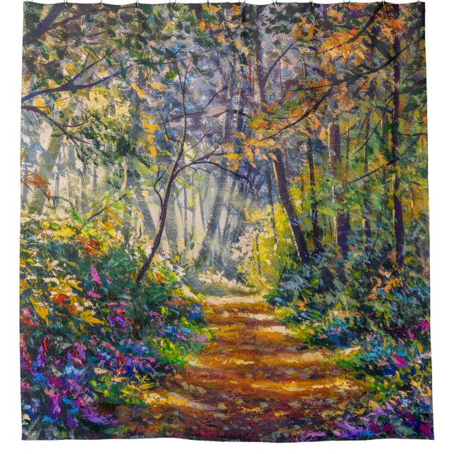 Impressionism Path: Sunny Forest Watercolor Shower Curtain (Front)